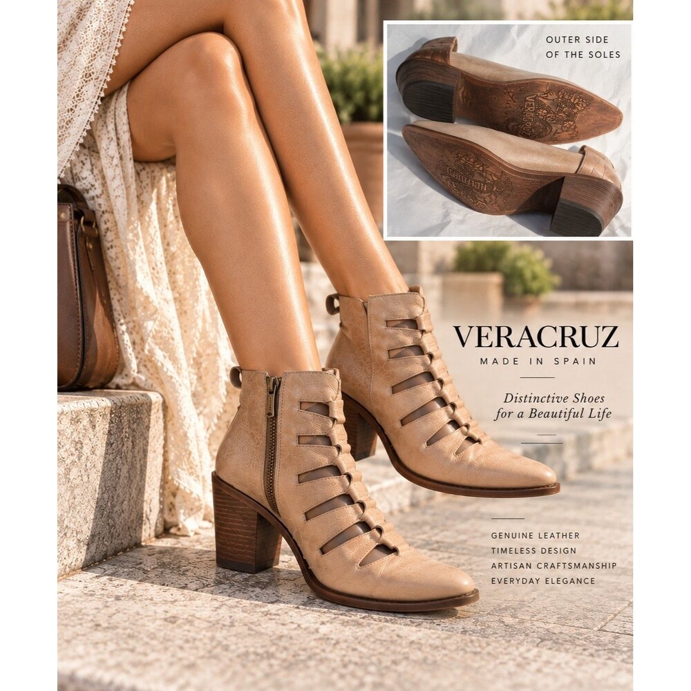 Veracruz Womens EU 37 Tan Leather Cutout Ankle Boots Boho Western Block Heel